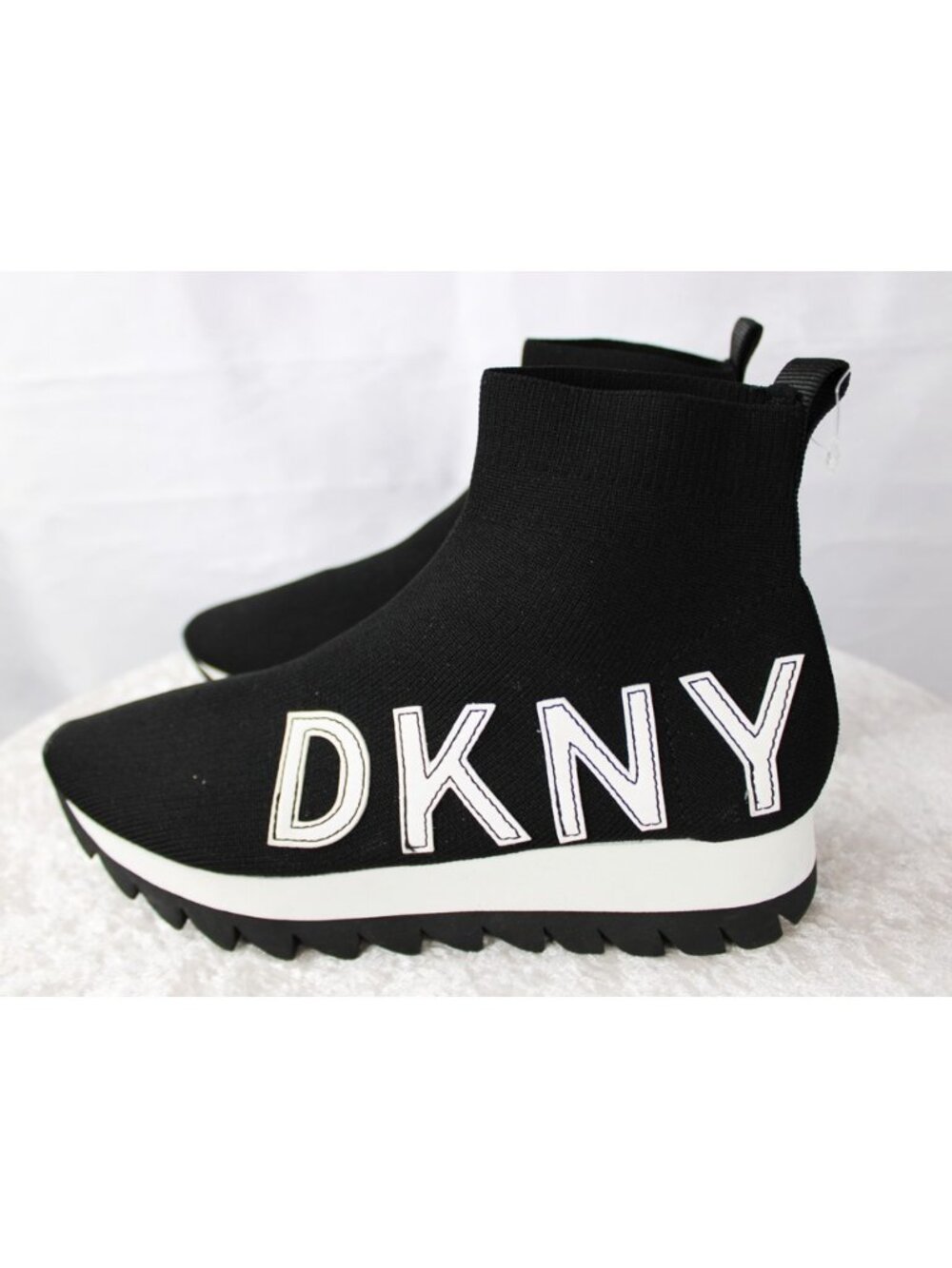 DKNY Women's Black Knit Sock Sneakers Logo Platform Lug Sole Slip-On Booties